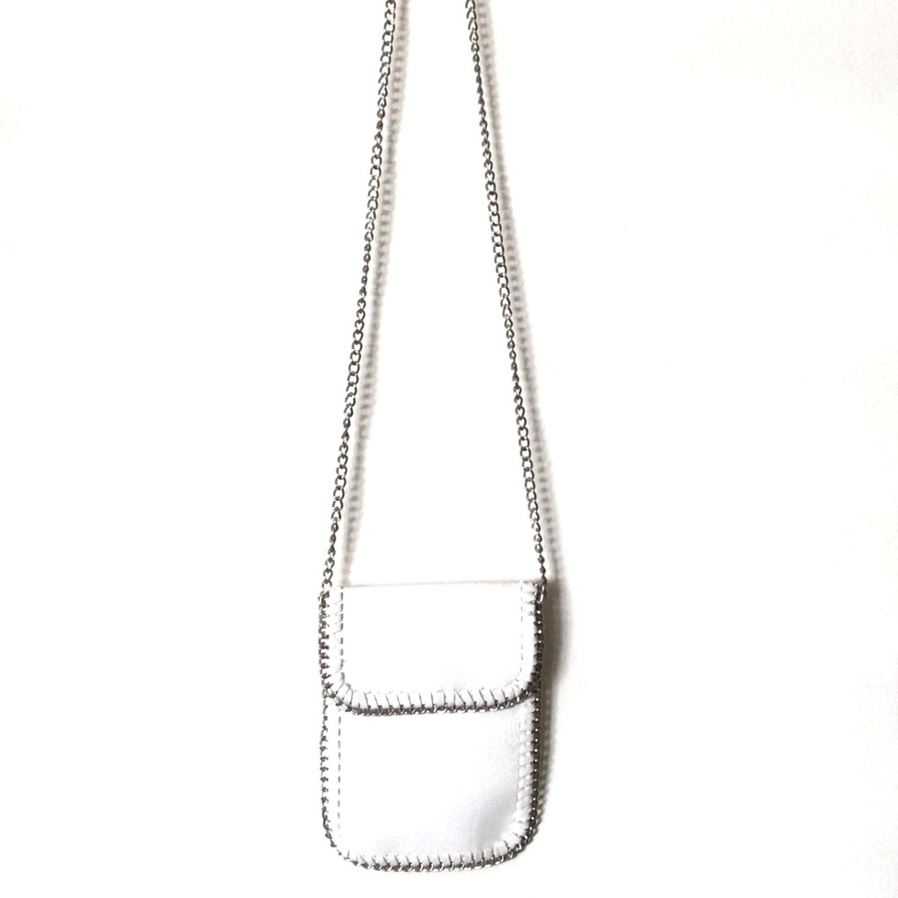 White Boho Silver Chain Link Mini Crossbody Faux Leather Wallet Phone HolderBag